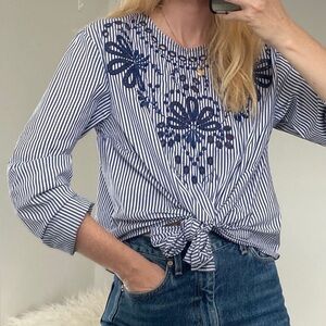 Saks 5th Avenue Striped Embroidered Tie Front Top Nautical Preppy Blue White XS